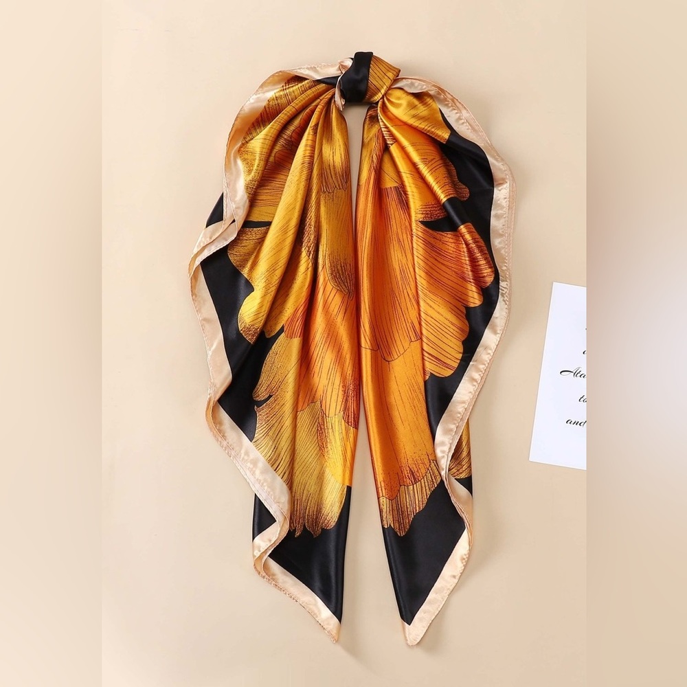 Elle Black & Yellow Gold Flower Satin Scarf - Picture 2 of 3